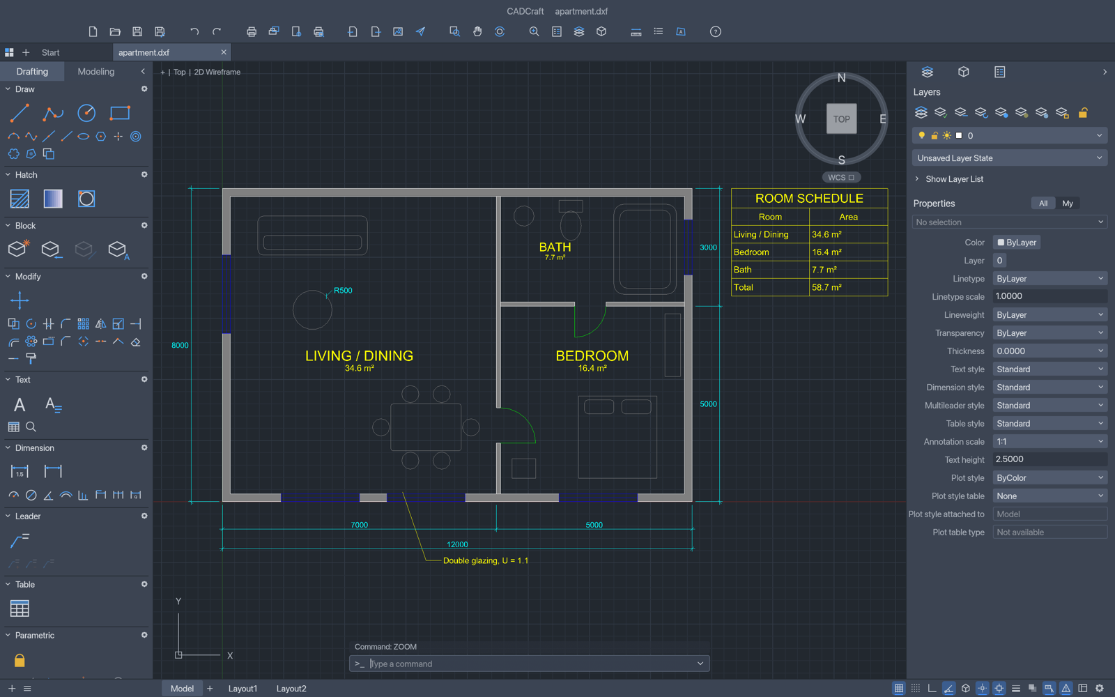 CADCraft with an apartment floor plan open: hatched grey walls, blue windows, green door swings, furniture outlines, yellow room names with areas, a yellow room schedule table, a multileader note and cyan dimensions with architectural ticks; Tool Sets on the left, Layers and Properties on the right, the command line at the bottom